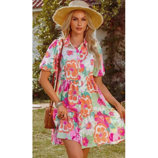 Vibrant Floral Puff Sleeve Tiered Mini Dress