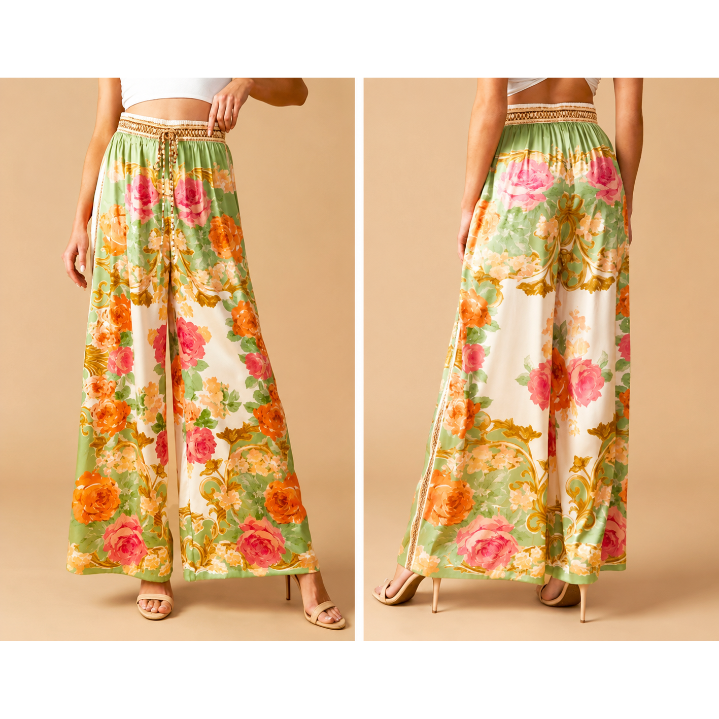 Sage Floral Wide Leg Boho Pants