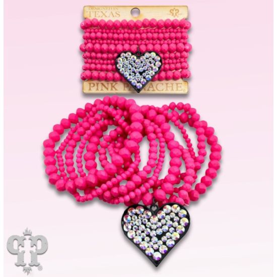 Pink Panache Fuchsia Beaded Bracelet Set with Rhinestone Heart Charm