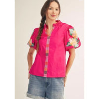 Fuchsia Floral Embroidered Puff Sleeve Top