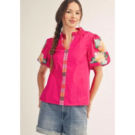 Fuchsia Floral Embroidered Puff Sleeve Top