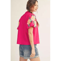 Fuchsia Floral Embroidered Puff Sleeve Top