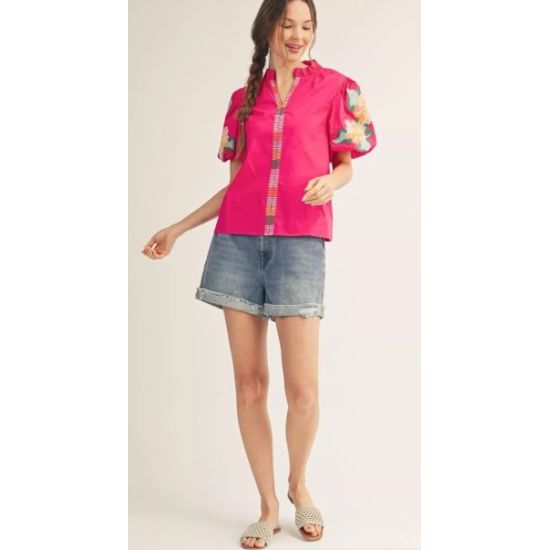 Fuchsia Floral Embroidered Puff Sleeve Top