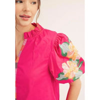 Fuchsia Floral Embroidered Puff Sleeve Top