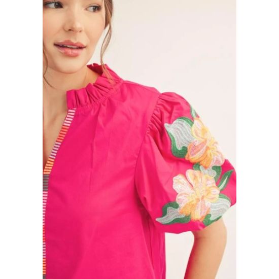 Fuchsia Floral Embroidered Puff Sleeve Top