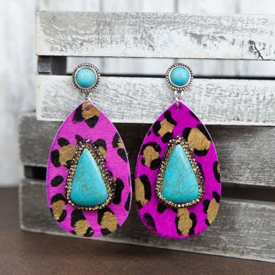 Fuchsia Leopard Earrings with Turquoise
