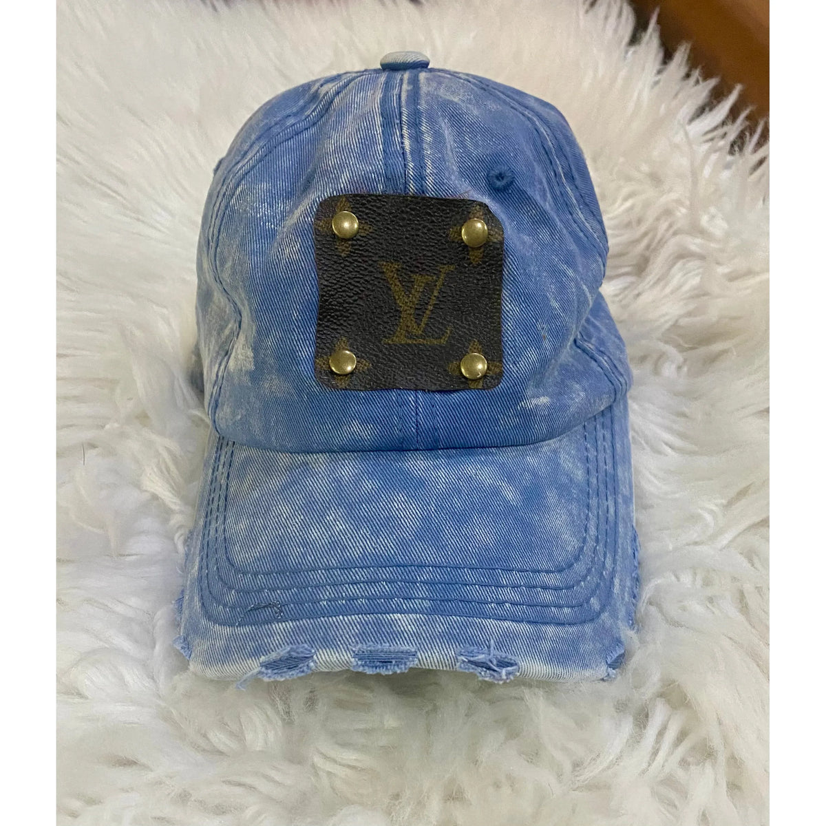 Denim Distressed Cap with Upcycled LV Patch - Rhinestone Gal