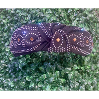 Black Rhinestone Top Knot Headband with Western Boot Stitch Design