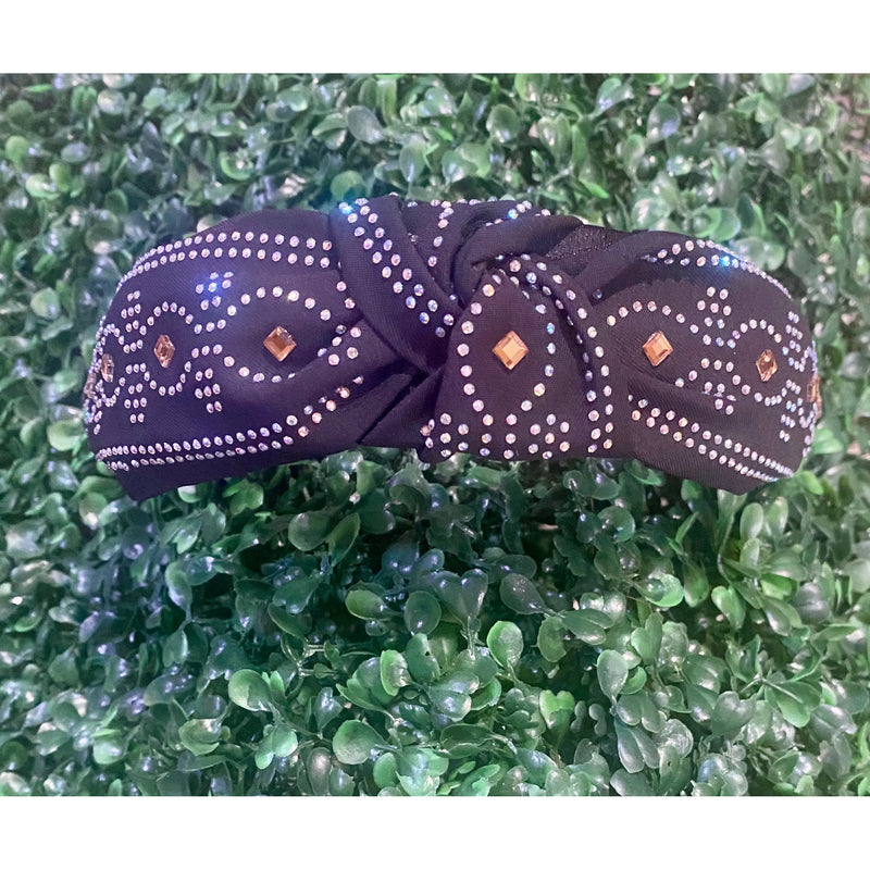Black Rhinestone Top Knot Headband with Western Boot Stitch Design