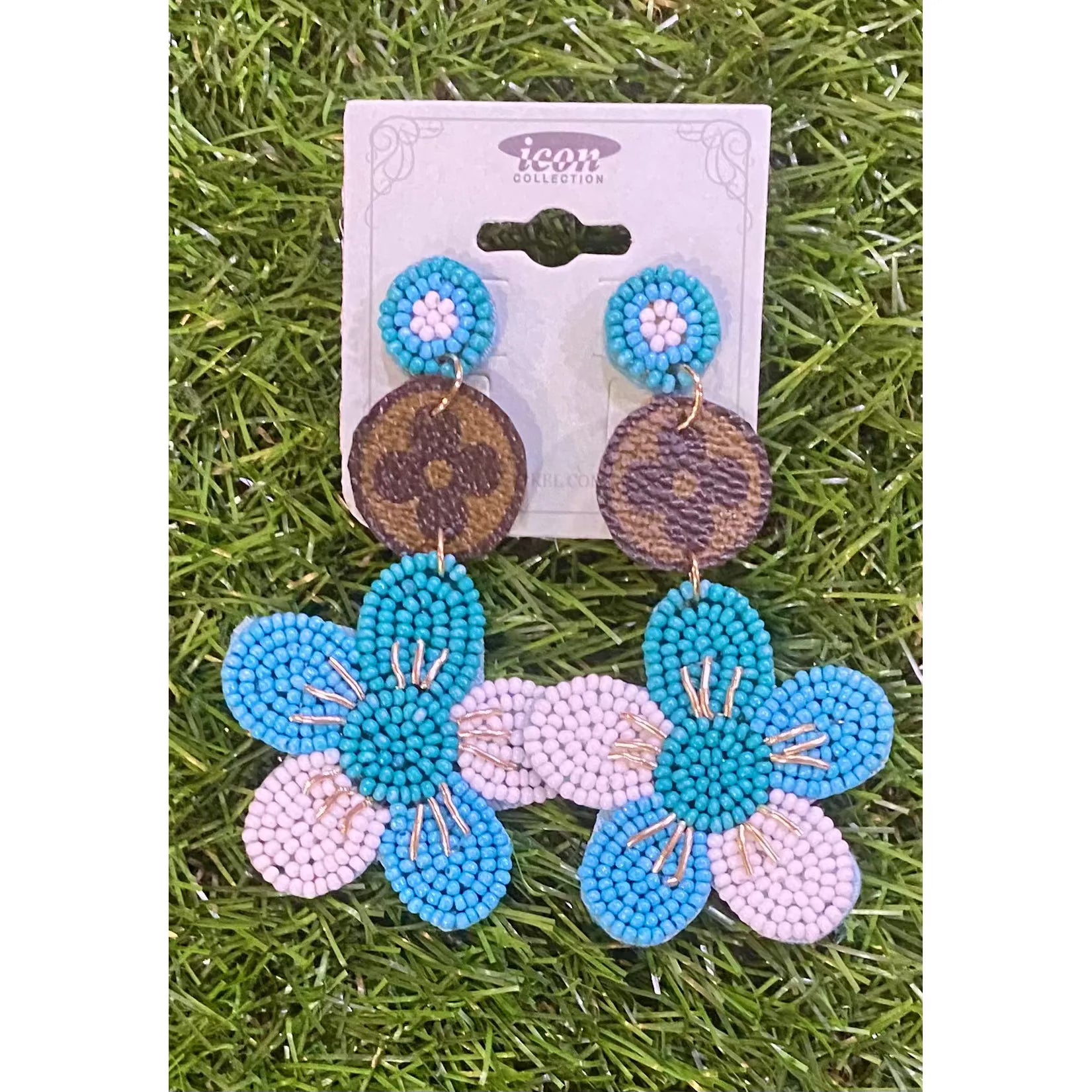 Upcycled Turquoise Flower Seed Bead Earrings