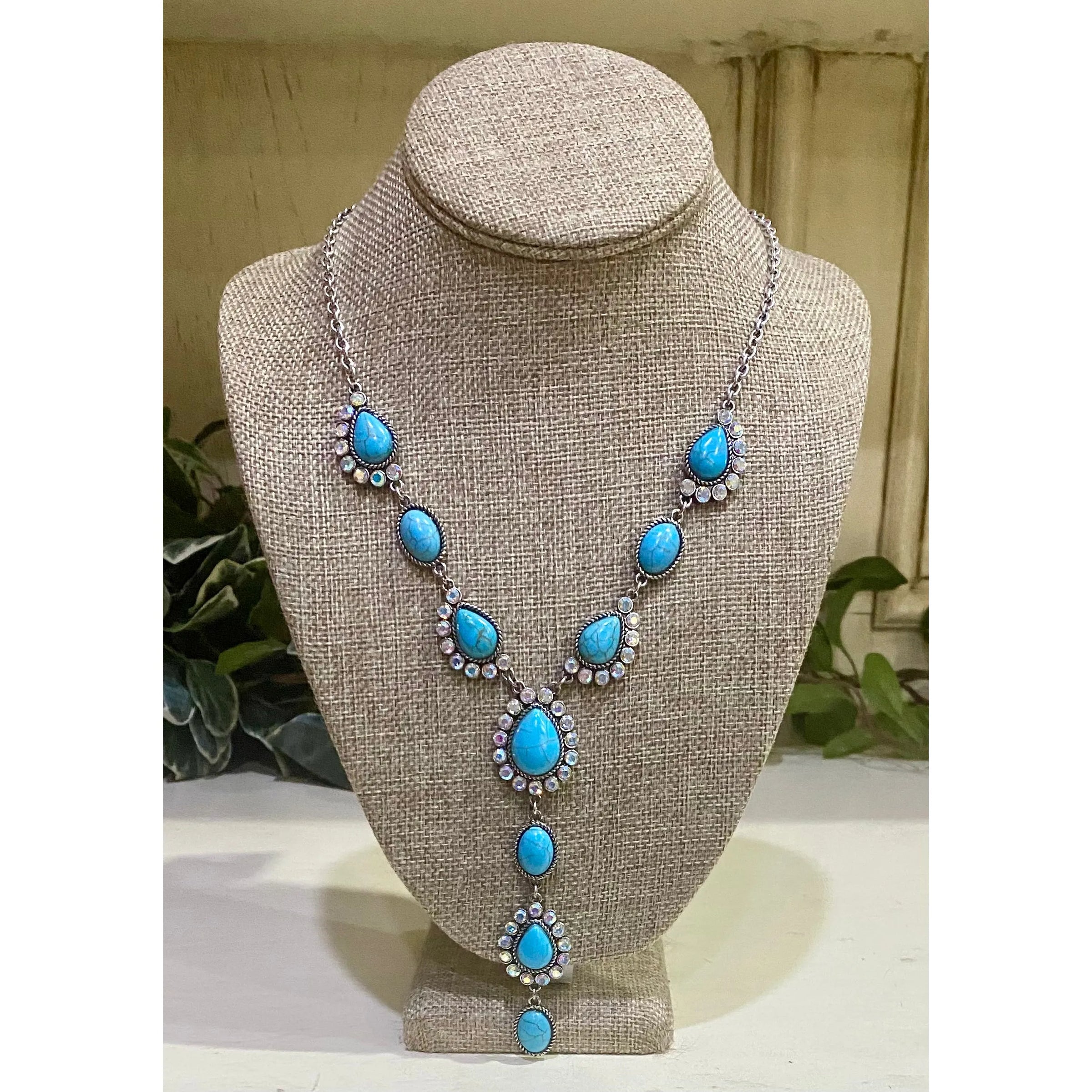 Turquoise Teardrop Y-Necklace with AB Accents – Western Statement Jewelry