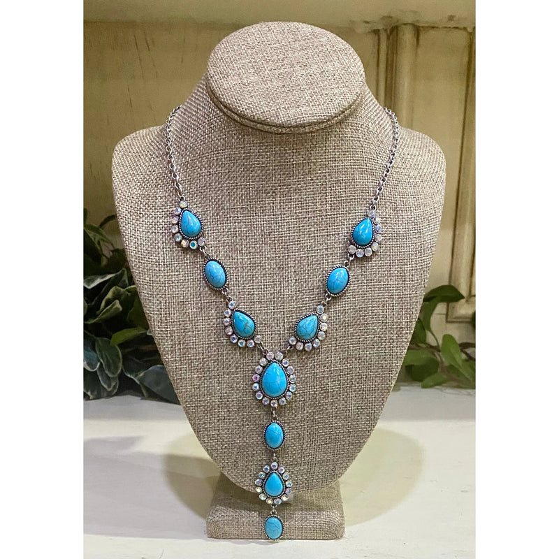 Turquoise Teardrop Y-Necklace with AB Accents – Western Statement Jewelry