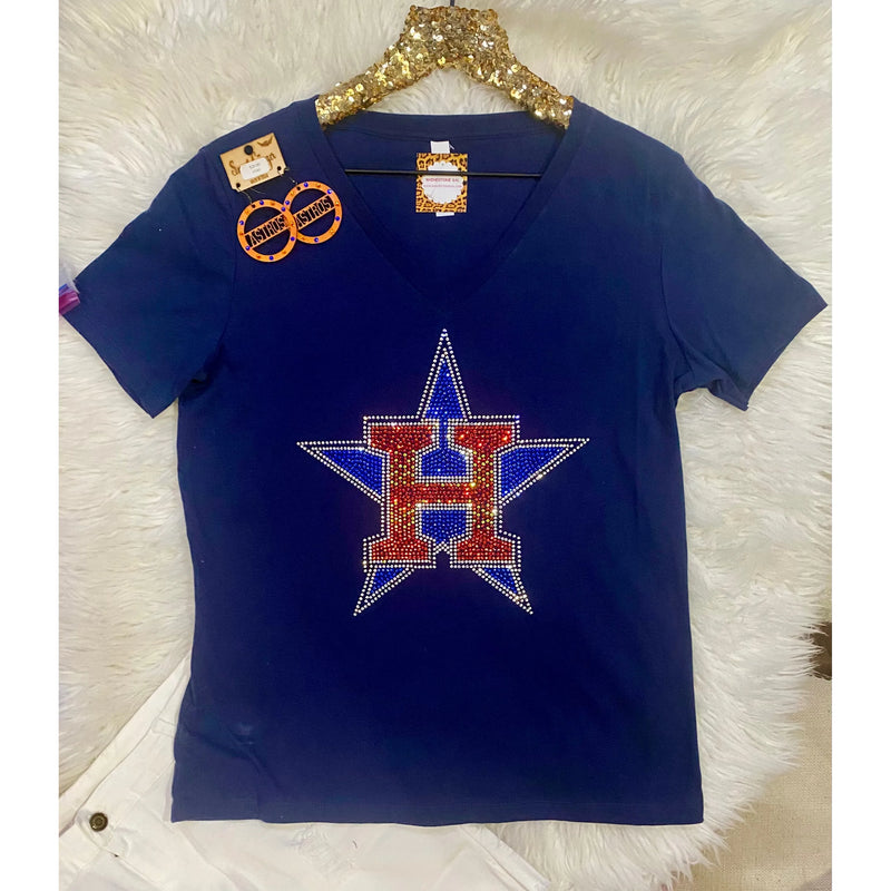 Navy Astros Sparkle V-Neck Tee