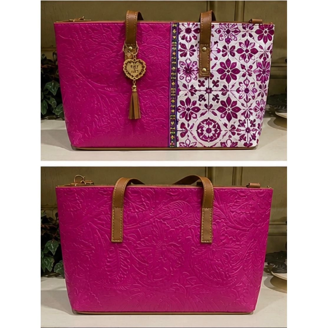 Barco Artesanal Textured Floral Leather Tote Bag