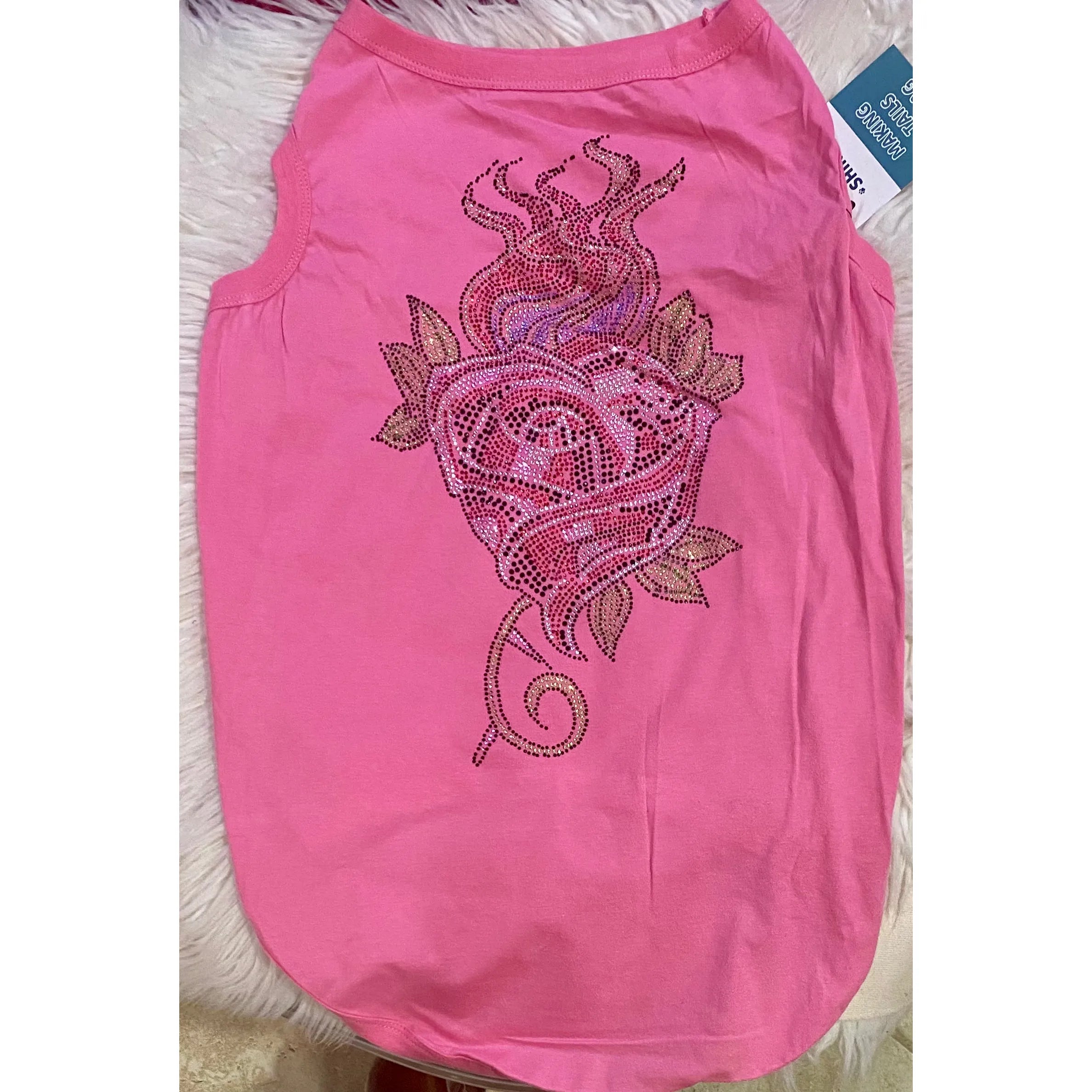 Valentine’s Pink Dog Tank – Patch & Rhinestone Flaming Rose Design