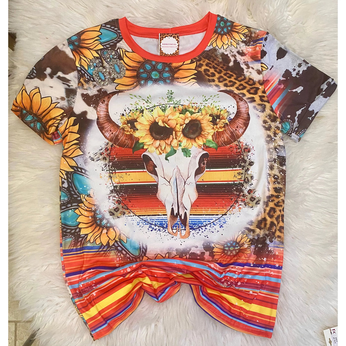 Cow Skull Serape and Sunflower Tee - Rhinestone Gal