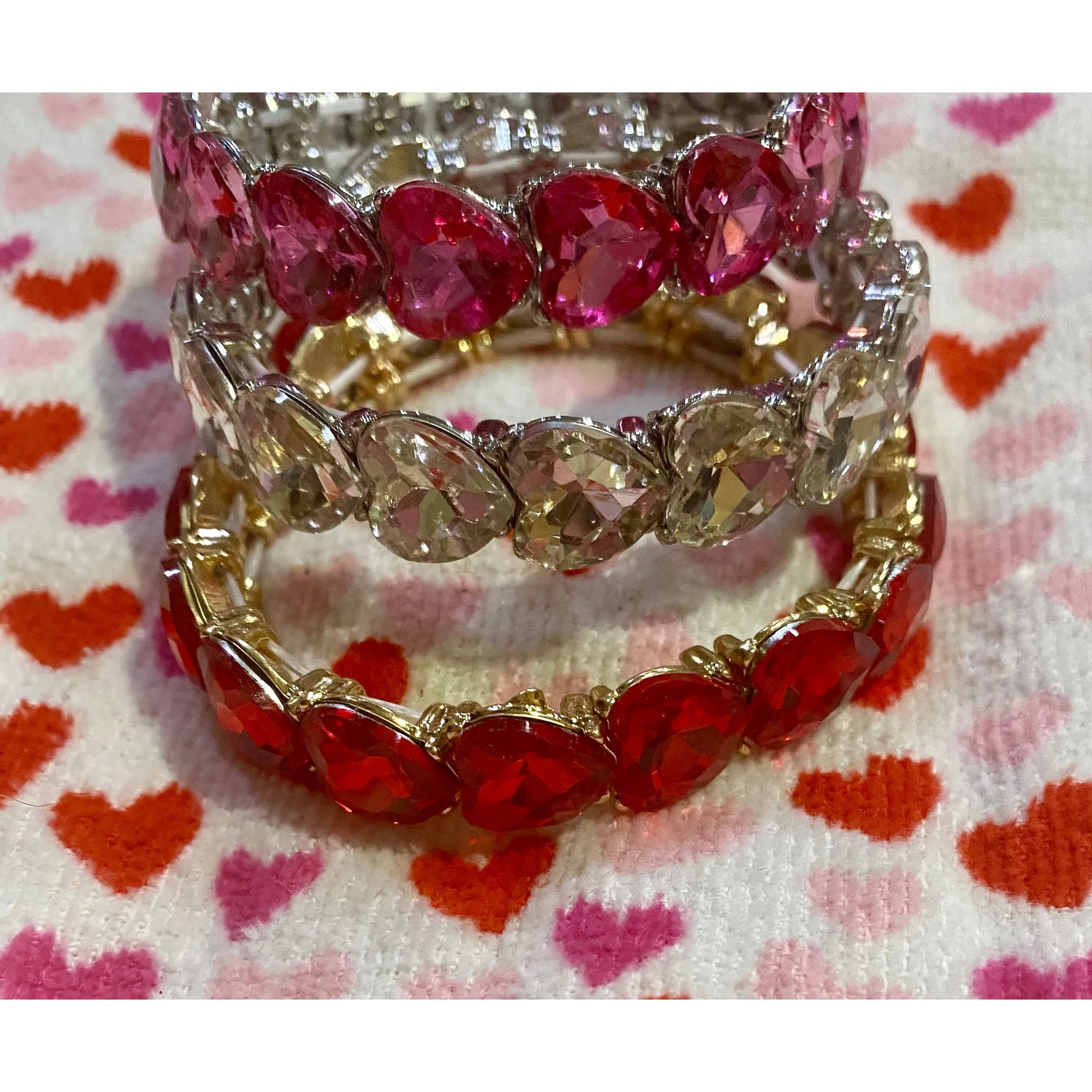 Heart Cut Crystal Stretch Bracelet – Red, Pink or Clear Rhinestone Hearts
