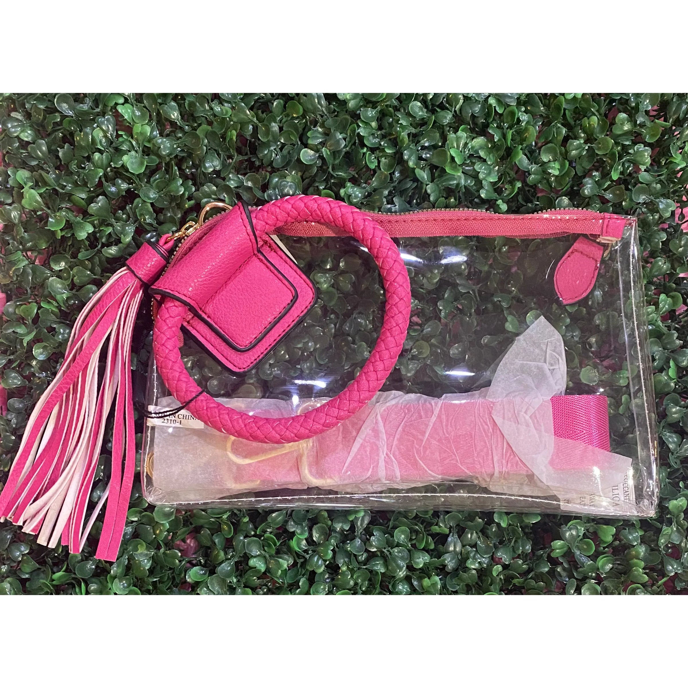 Clear Wristlet with Cuff Handle & Tassel – Blush & Hot Pink