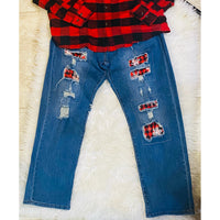 Distressed Jeans with Buffalo Plaid Patches