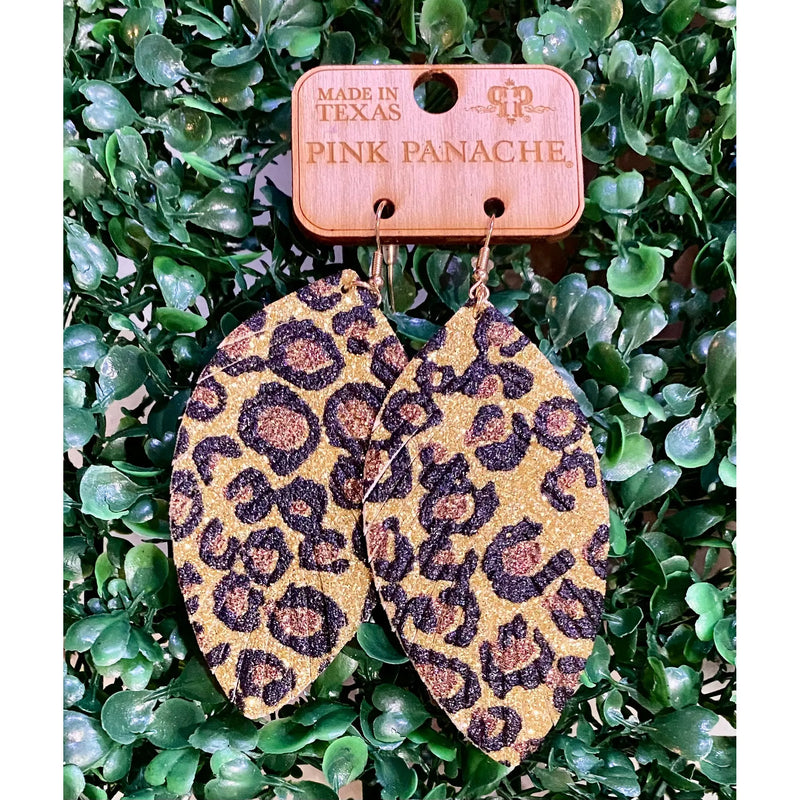 Pink Panache Gold Glitter Leopard Feather Earrings