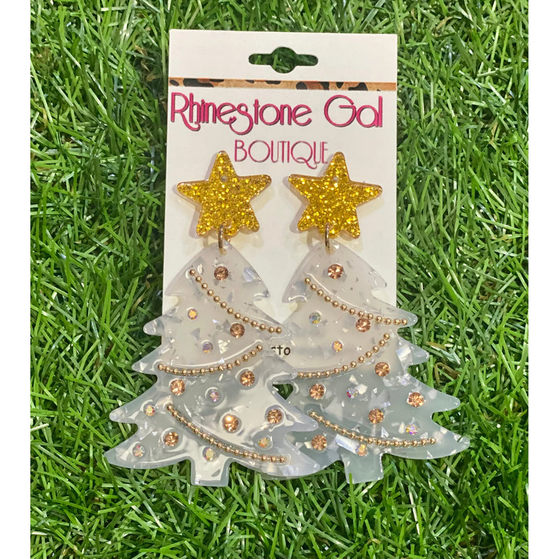 Frosty White Christmas Tree Earrings with Rhinestones & Gold Star – Holiday Statement Earrings