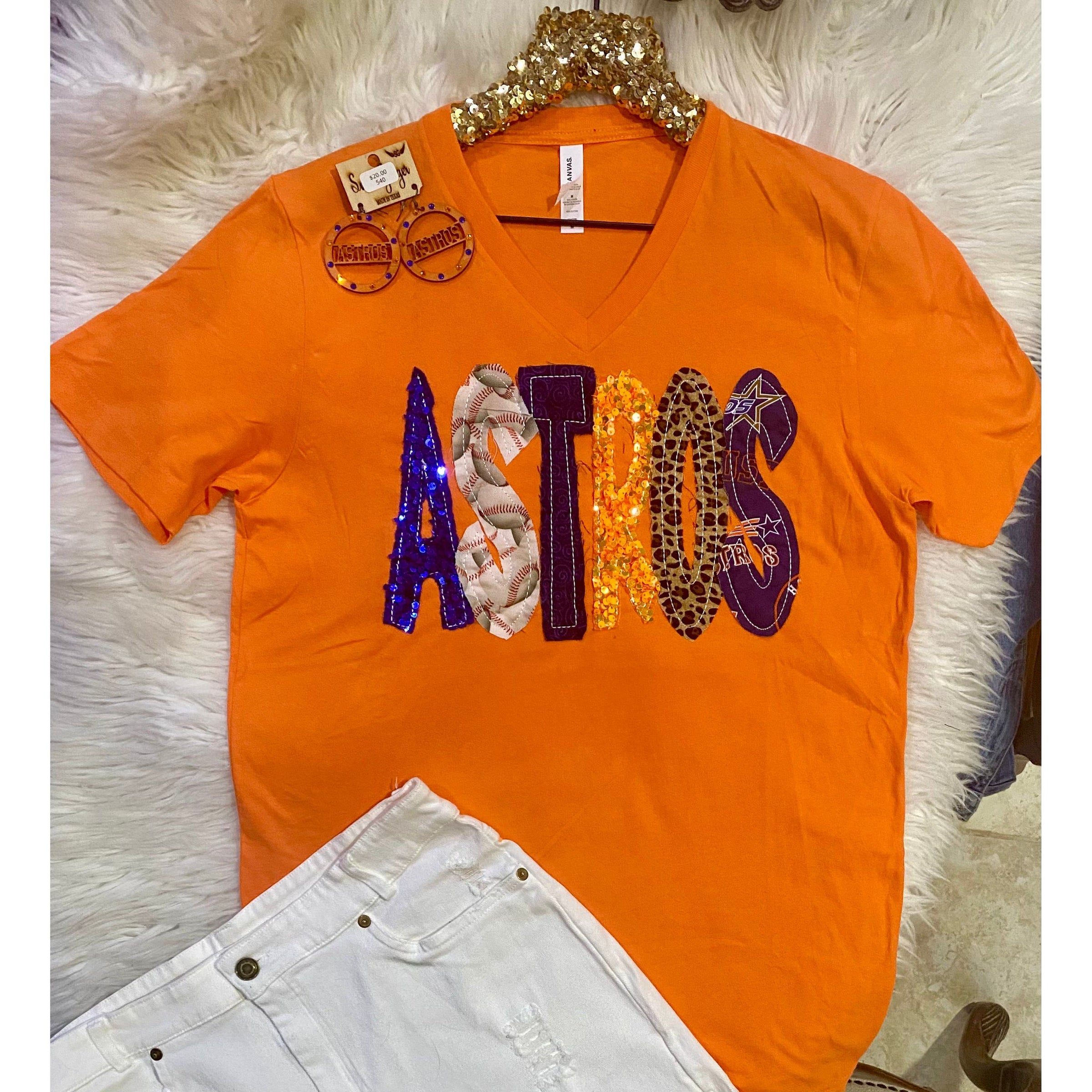 Astros Sequin Patch V-Neck Tee – Orange Bella Canvas Graphic Tee