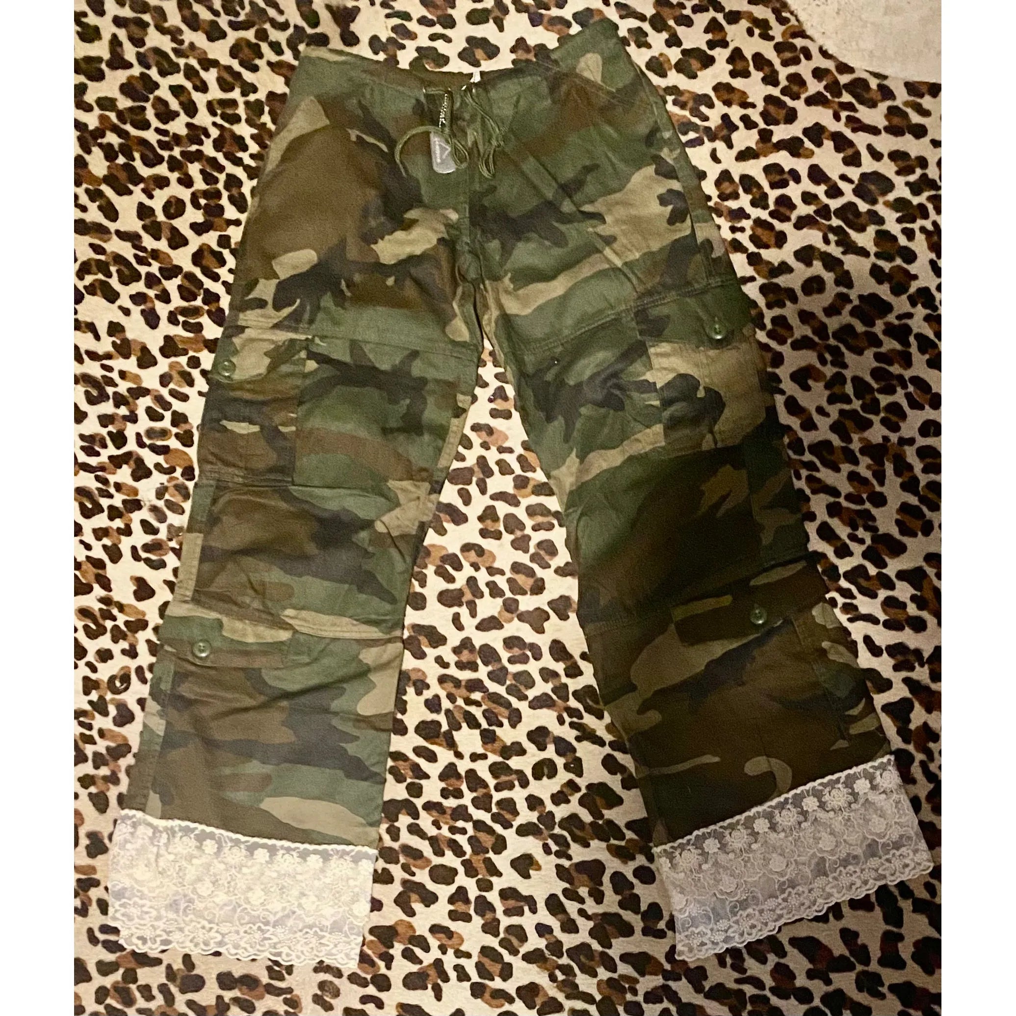 Camo Cargo Pants with Layered Lace Hem