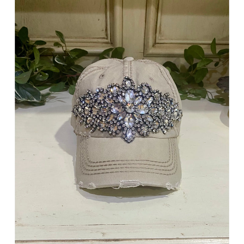 Khaki Distressed Baseball Cap with Gunmetal Glitz & Silver Clear Stones