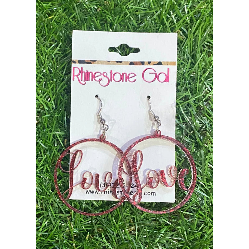 Glittery Red "Love" Hoop Earrings