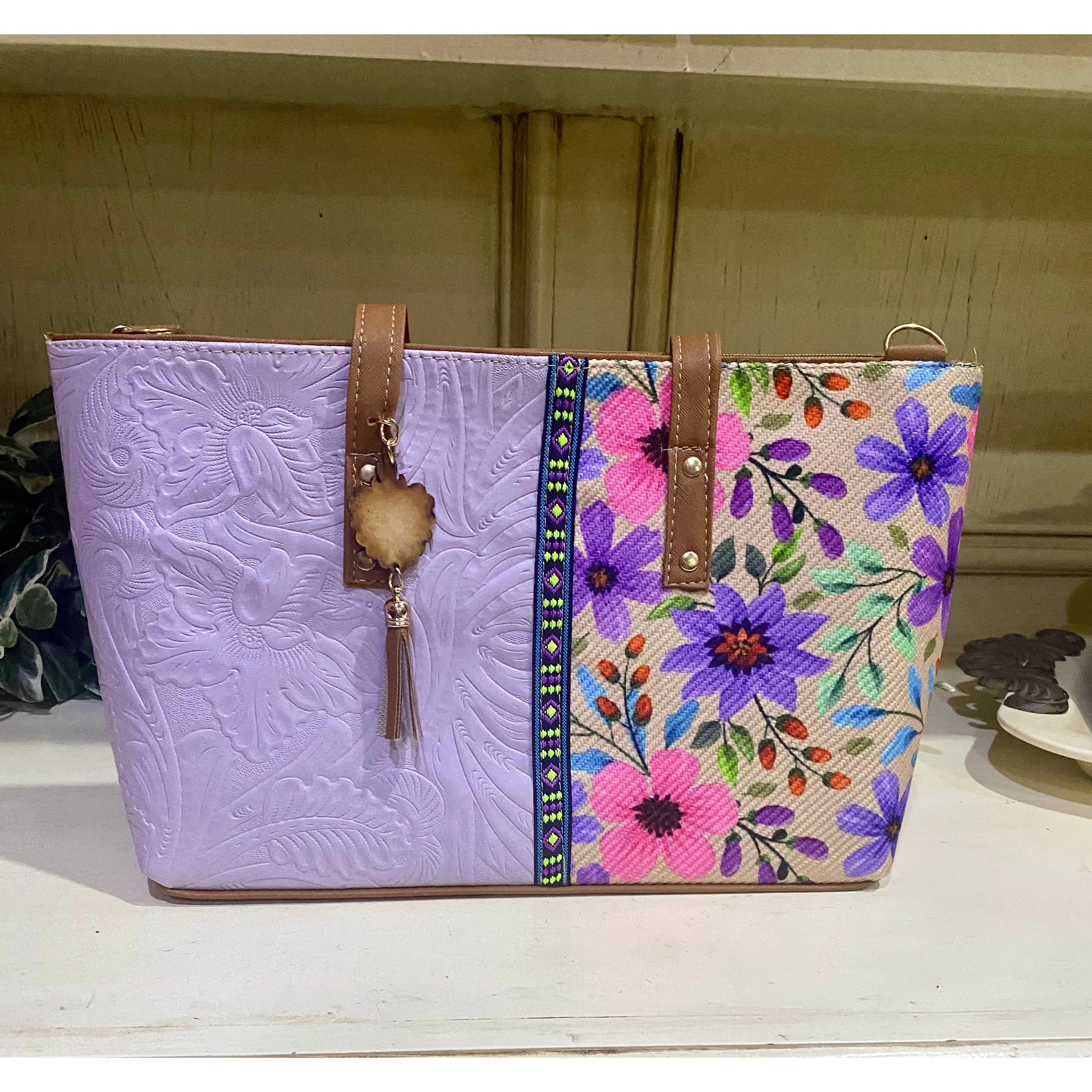 Barco Artesanal Textured Floral Leather Tote Bag