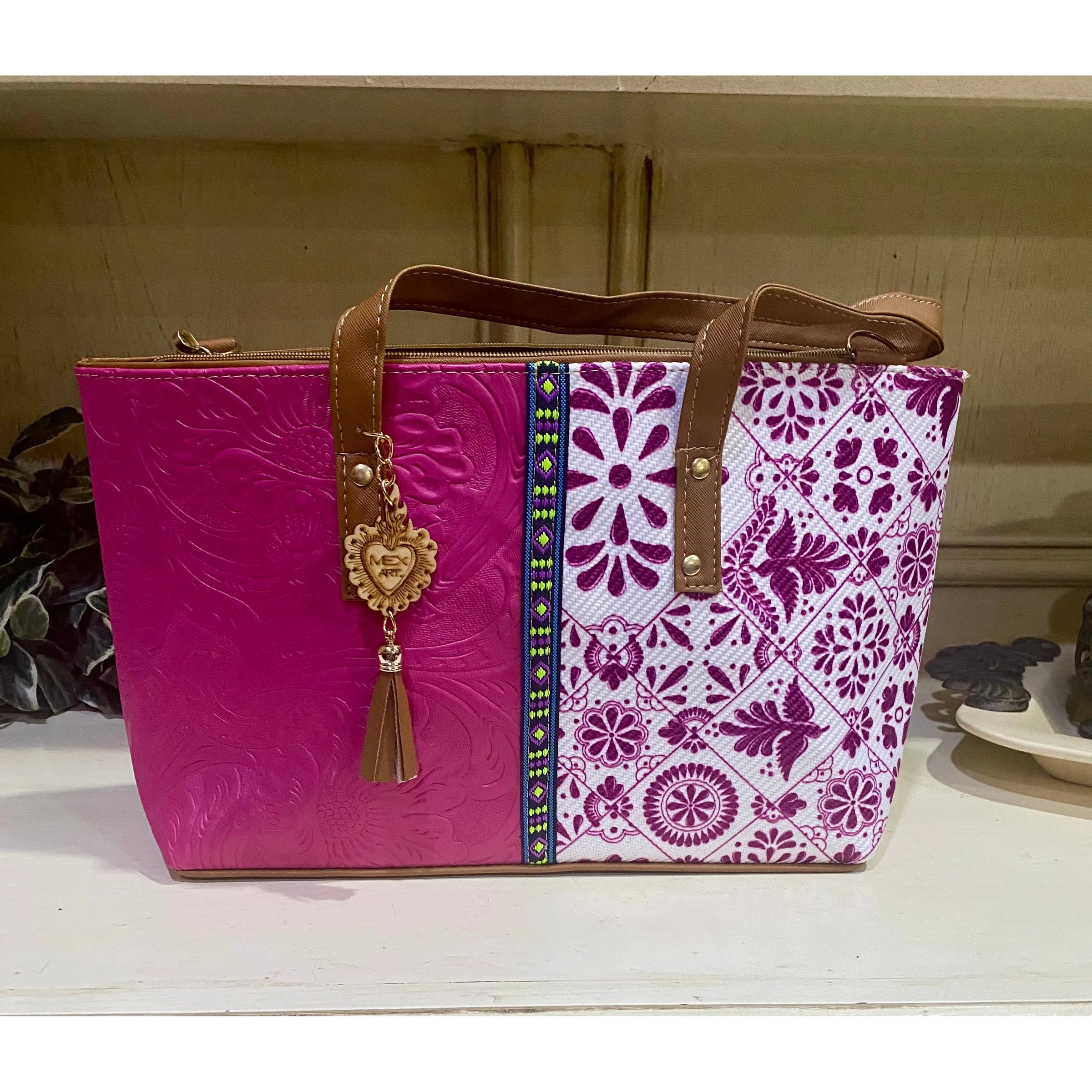 Barco Artesanal Textured Floral Leather Tote Bag