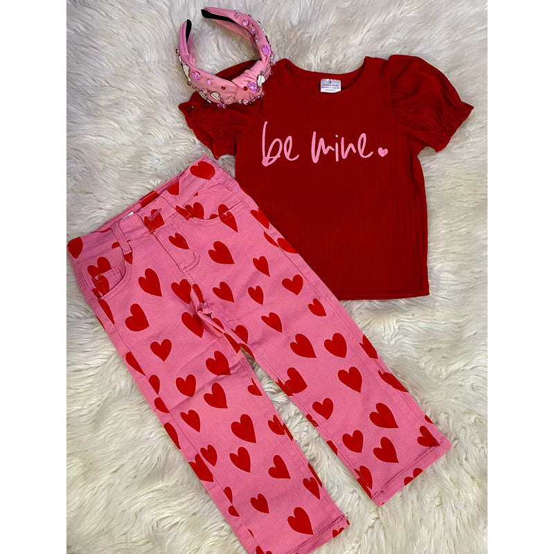 Girl's Be Mine Bubble Sleeve Top & Heart Jeans Set