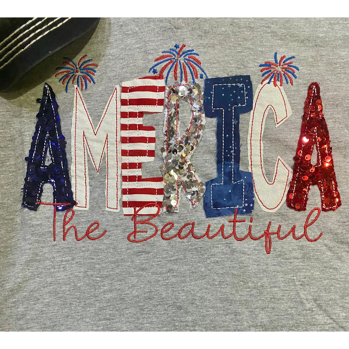 America the Beautiful Sequin Patriotic V-Neck Tee