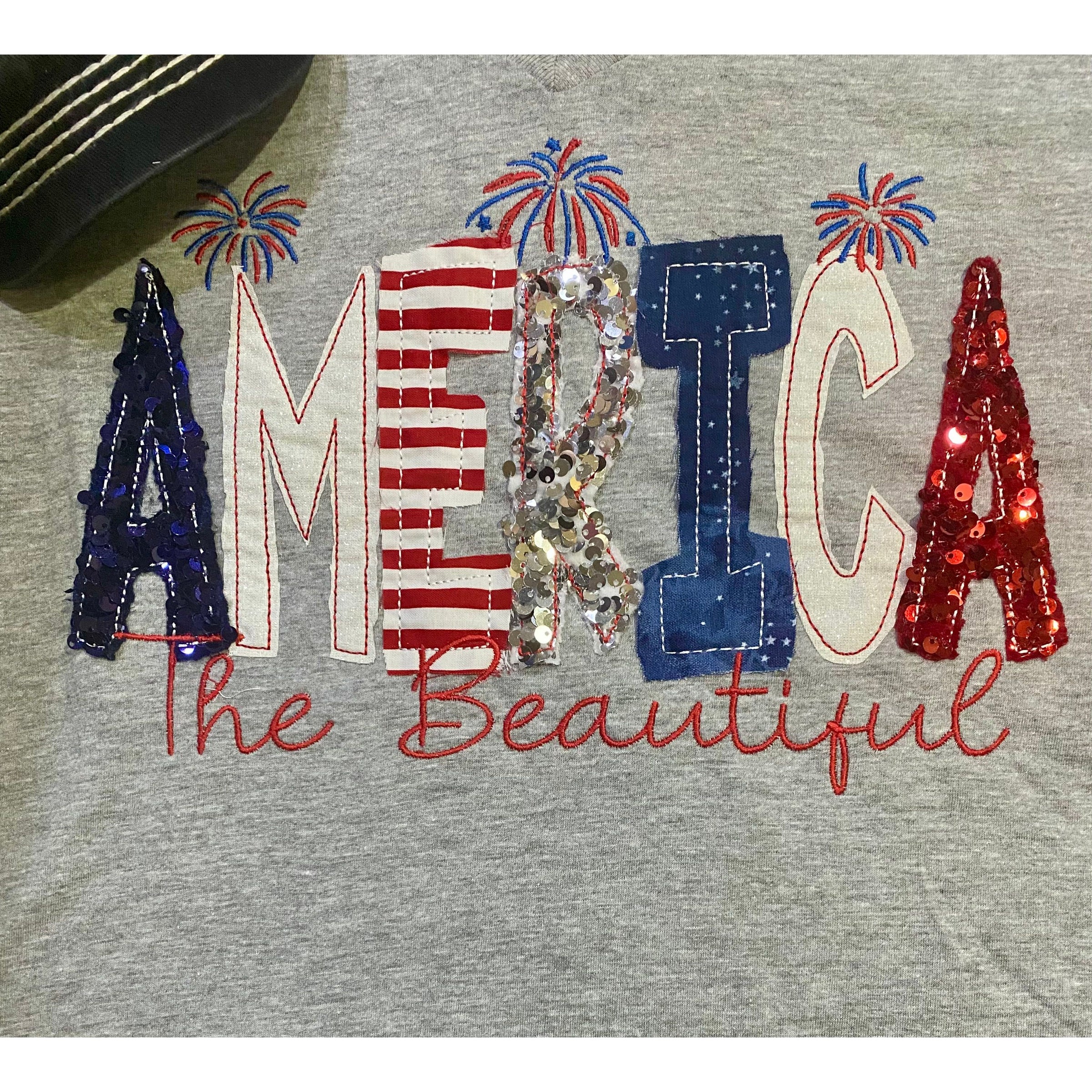 America the Beautiful Sequin Patriotic V-Neck Tee