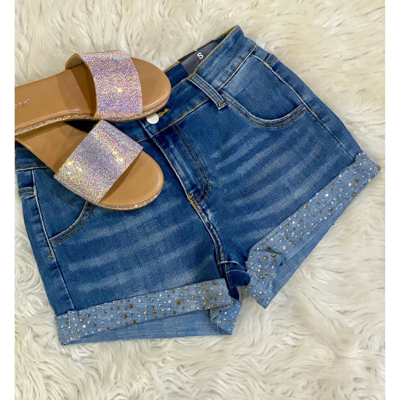 Denim Rhinestone Cuff Shorts - Rhinestone Gal