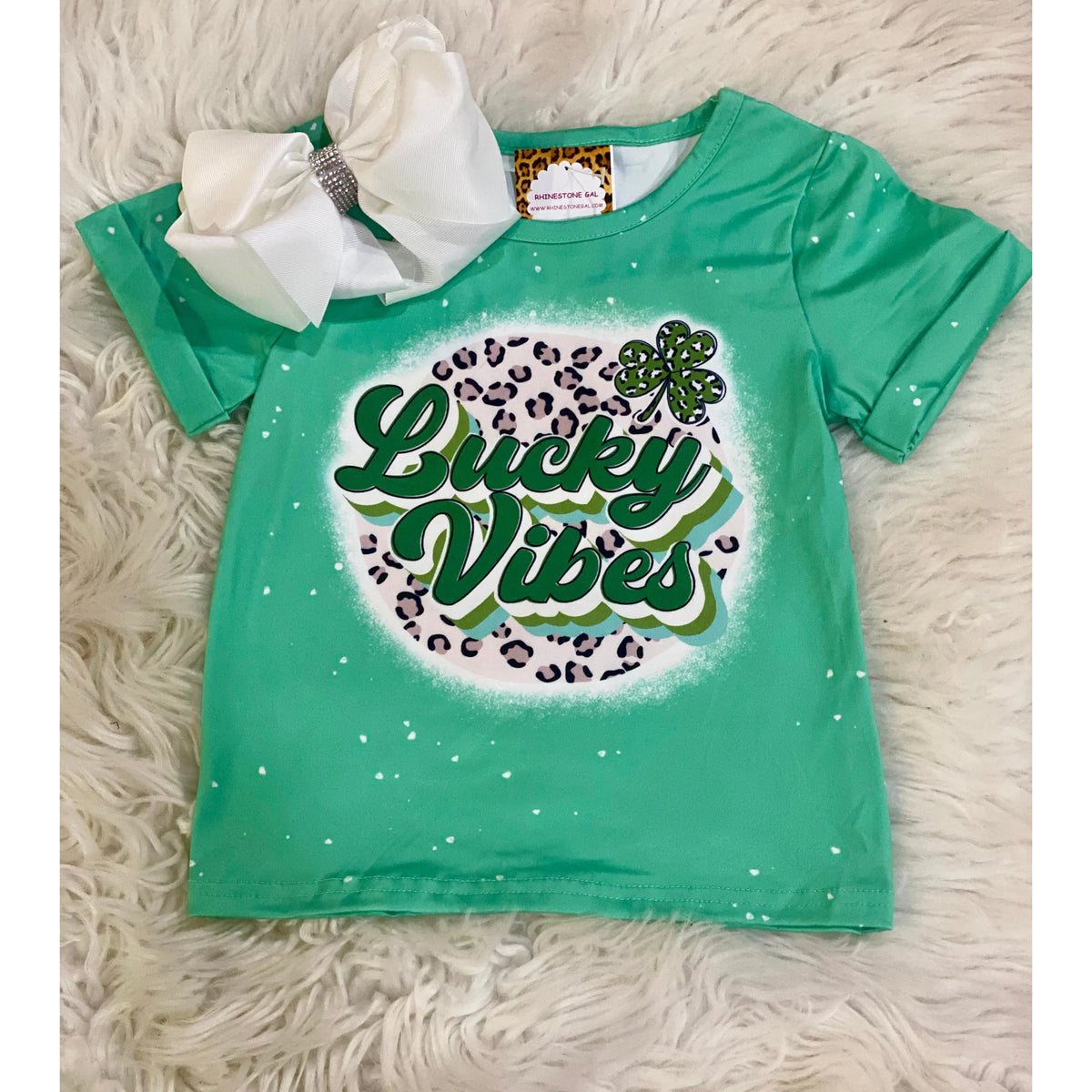 Girl's Lucky Vibes Faux Bleached Tee - Rhinestone Gal