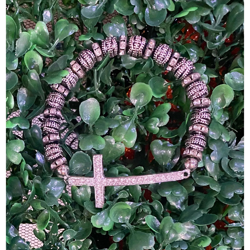 Rhinestone Sideways Cross Stretchy Bracelet with Silver Beads