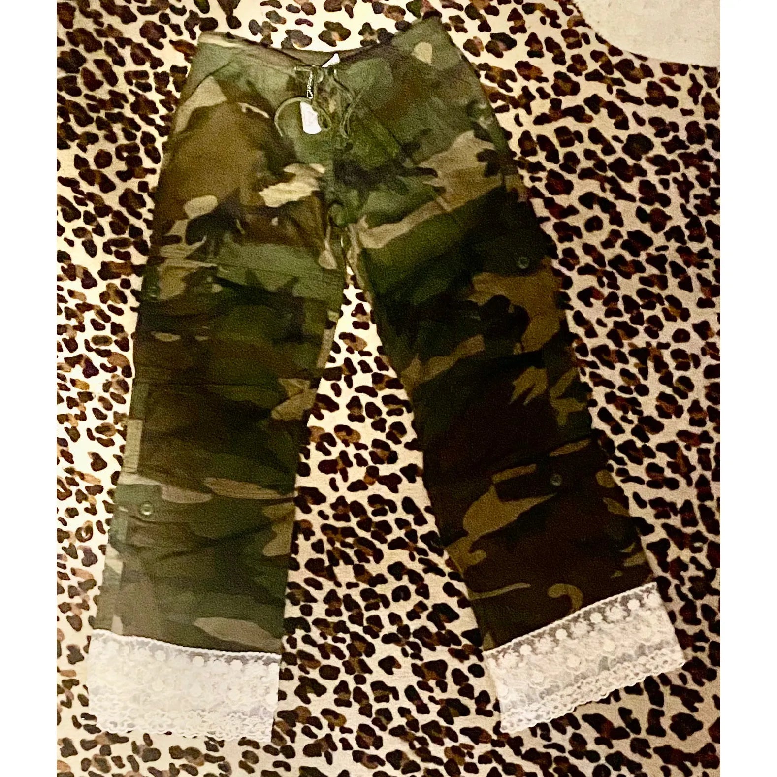 Camo Cargo Pants with Layered Lace Hem