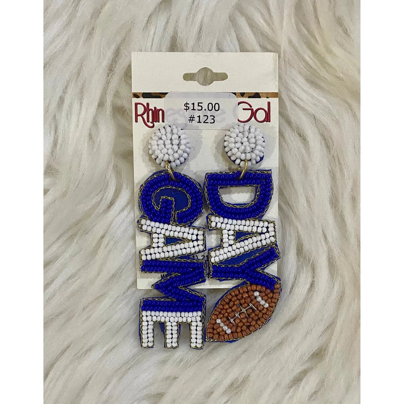 Blue and White Game Day Seed Bead Football Earrings