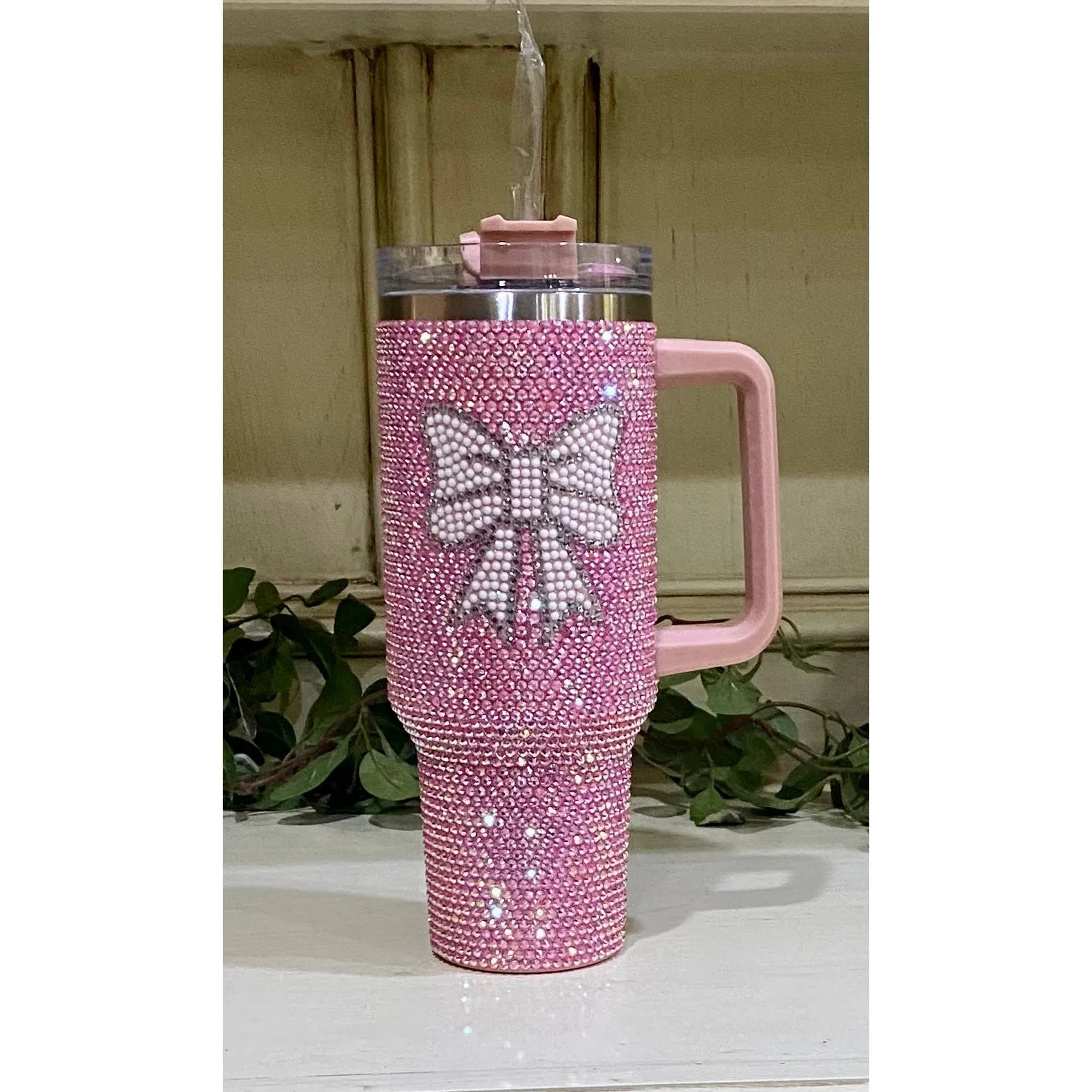 40 oz Pink Rhinestone Bow Tumbler