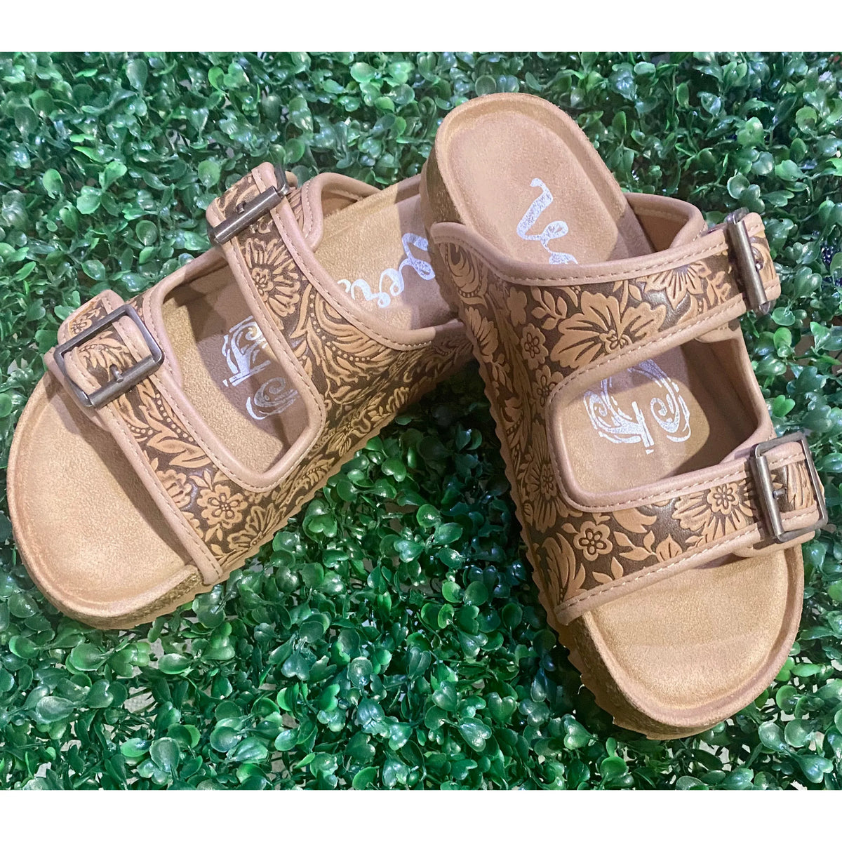 Very G Tan Tooled Double Buckle Sandals