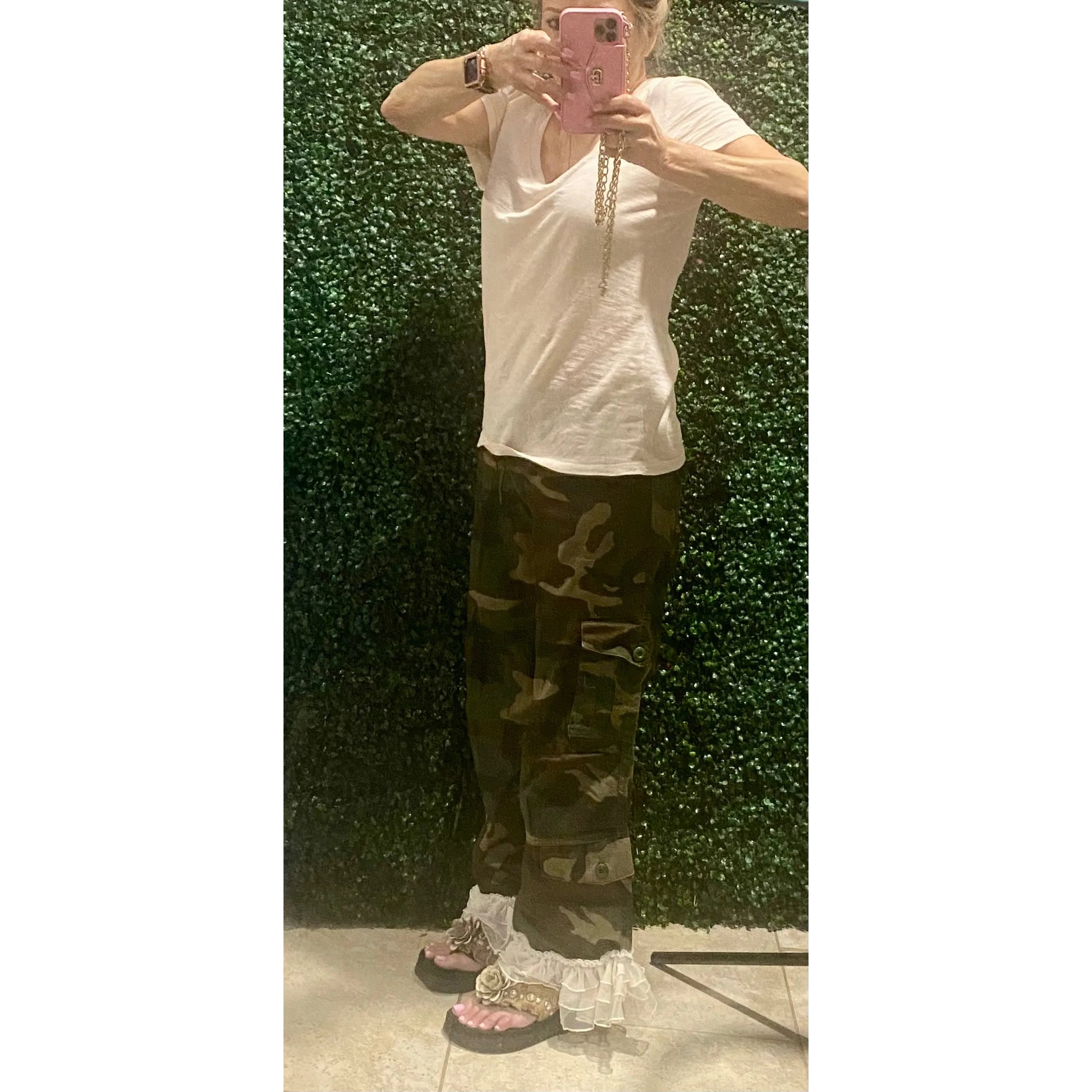 Camo Cargo Pants with Ruffle Hem