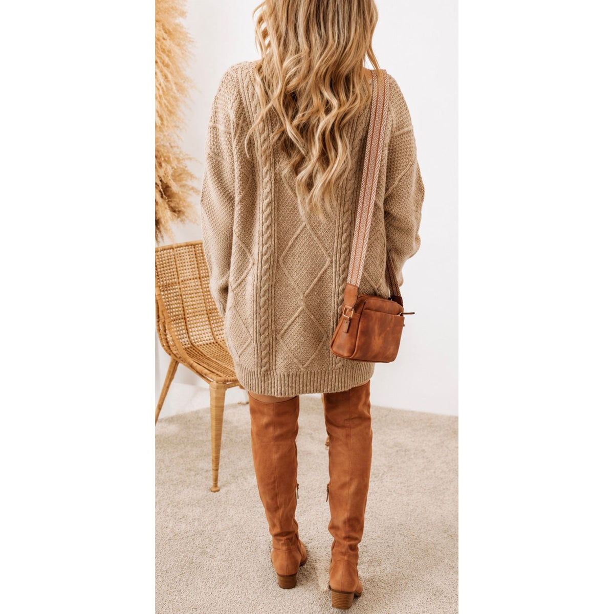 Camel Oversized Cable Knit Sweater Dress | Cozy Knit Winter Dress