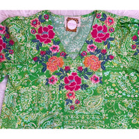 Green Printed Top with Embroidered Details - Rhinestone Gal