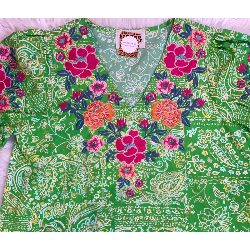 Green Printed Top with Embroidered Details - Rhinestone Gal