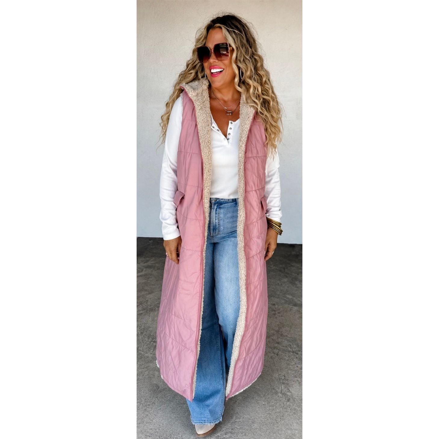 Mauve Reversible Sherpa & Puffer Long Vest