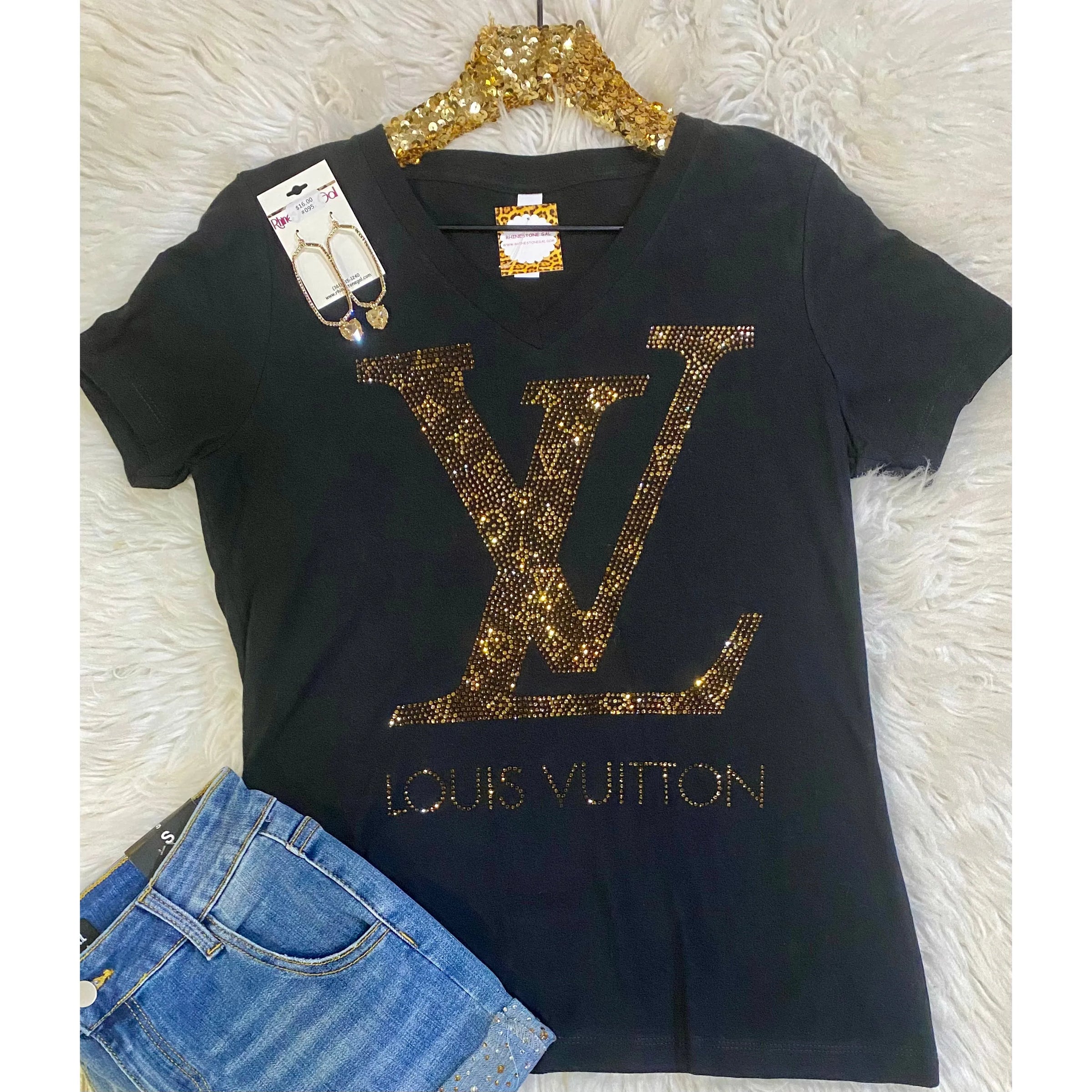 Luxury Brown Mono Rhinestone V Neck Tee