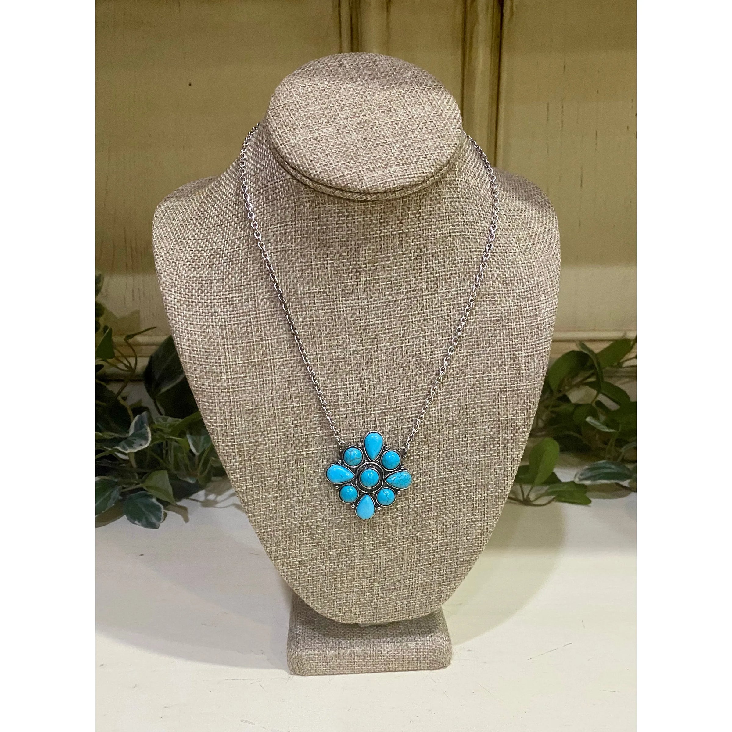 Turquoise Cluster Flower Burnished Silver Necklace