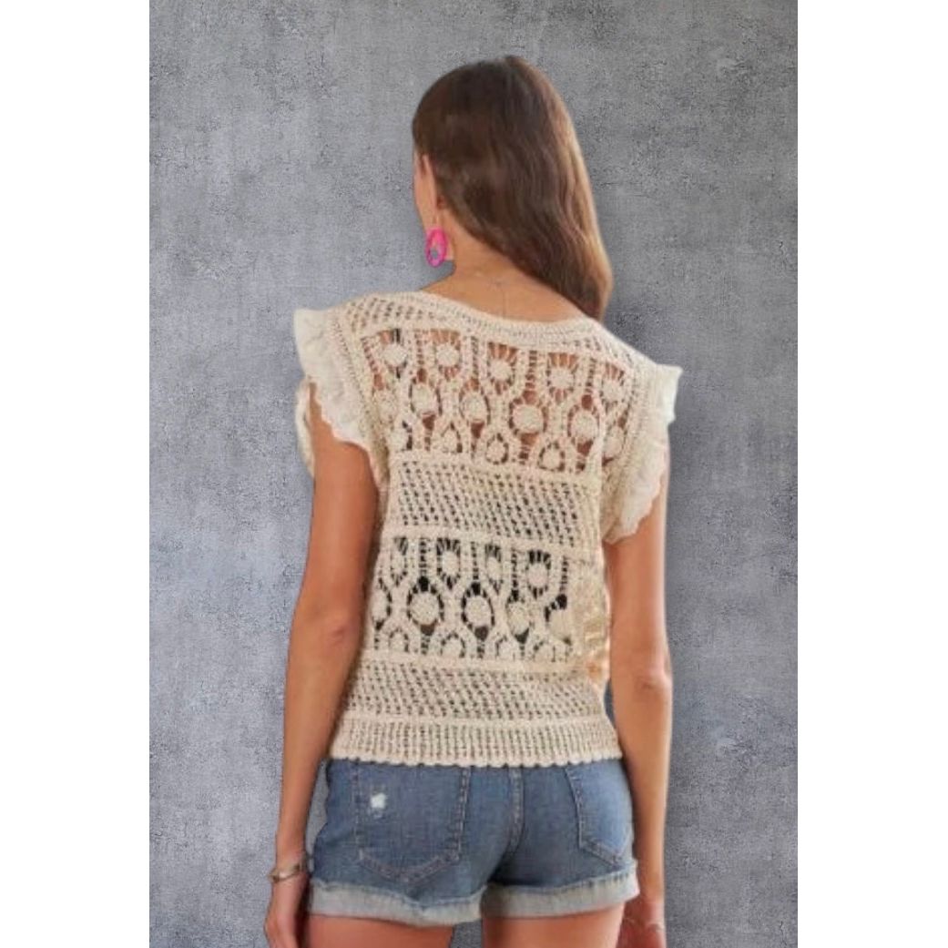 Beige Crochet Ruffle Sleeve Button-Down Vest Top