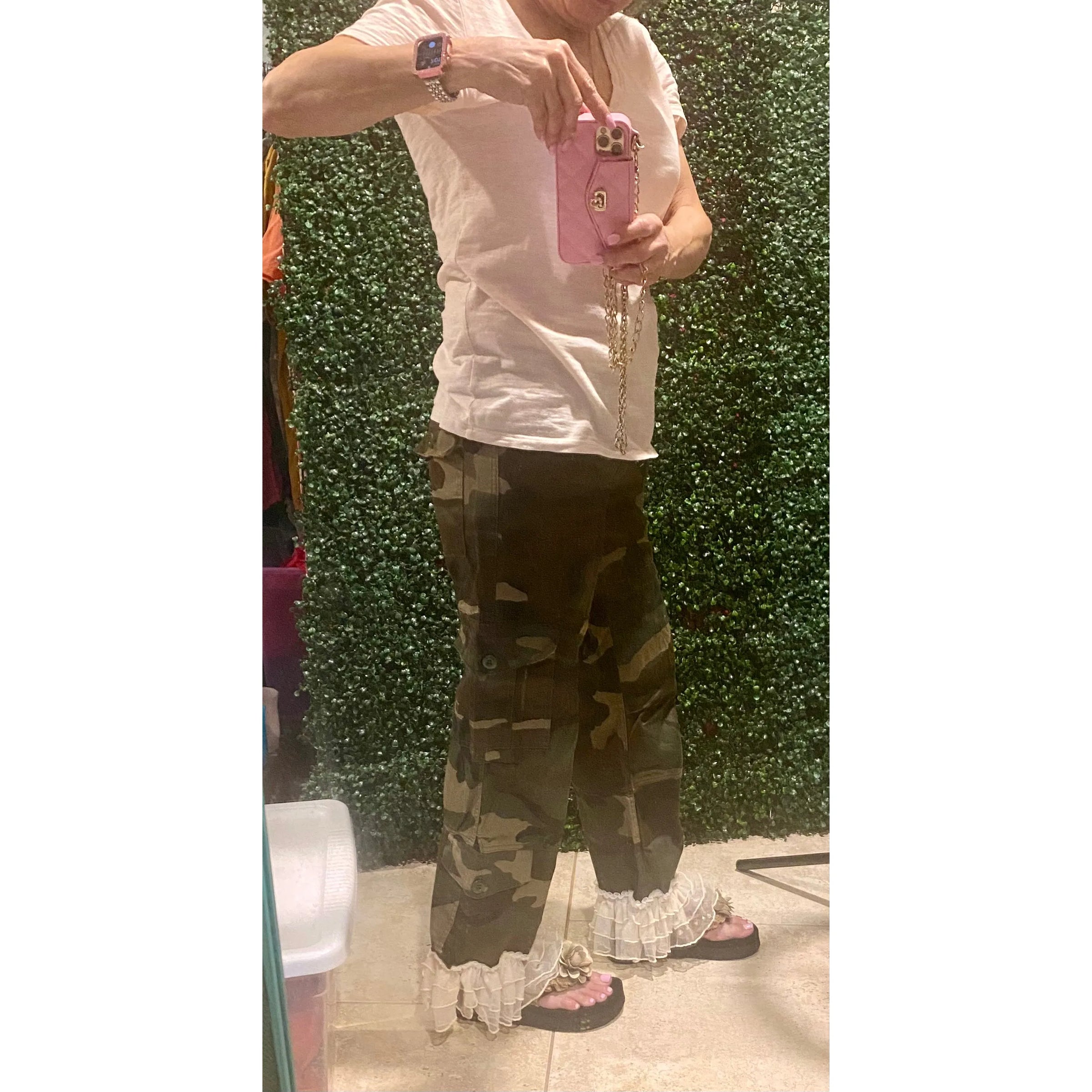 Camo Cargo Pants with Ruffle Hem
